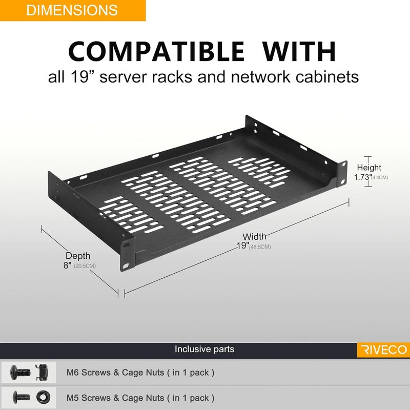 RIVECO 2 PCS 8” Rack Shelves for 19 inches Network Rack & Cabinets, 1U Rack Mount Shelf Vented Cantilever Tray, for Server, IT & Sound Equipment - Image 4